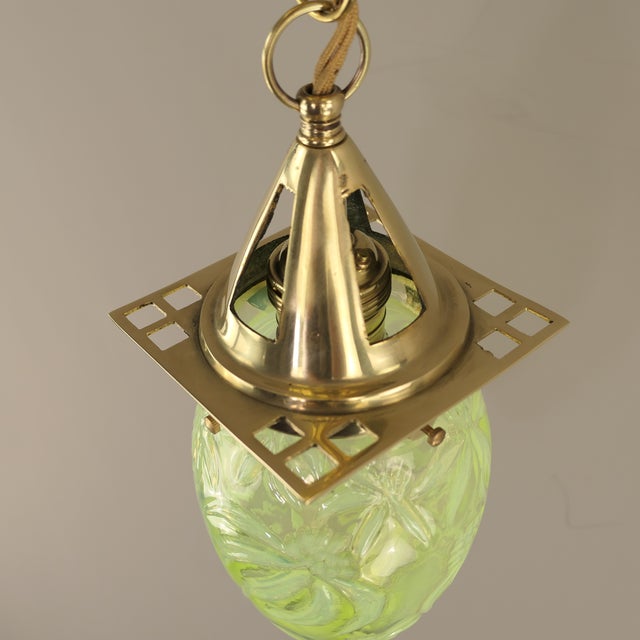 Metal Art Nouveau Viennese Pendant Lamp with Uranium Vaseline Glass Shade, Austria, 1920s For Sale - Image 7 of 18