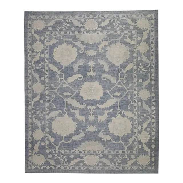 Turkish Oushak Rug Handwoven Wool Blue Floral Design Rug 12'3" X 15' For Sale