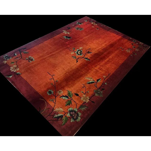 1920s Ruby Red Floral Antique Chinese Art Deco Rug 5' X 6'9" Knotted Pile Wool Carpet For Sale - Image 9 of 9