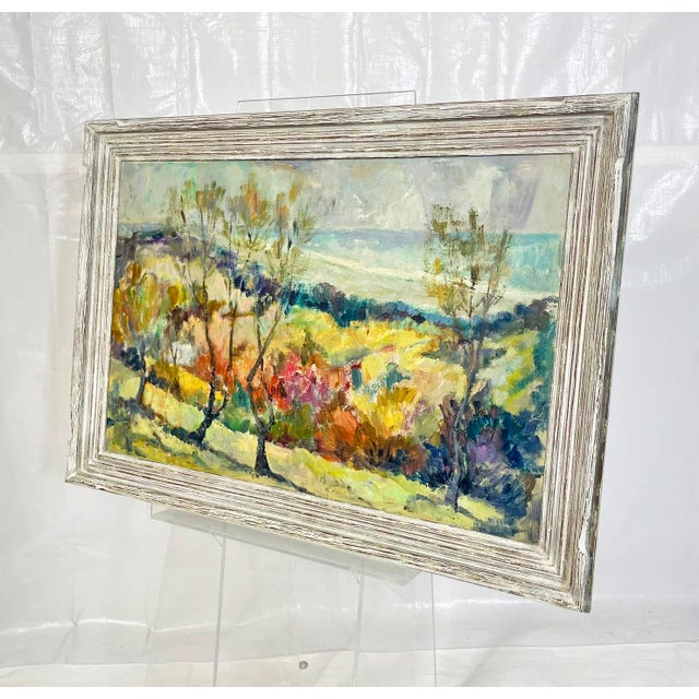 Vintage impressionist-style landscape painting on board, apparently unsigned, depicting a serene countryside scene with...