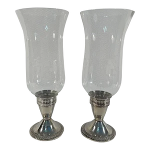 Mid Century Sterling Silver Duchin Candle Holders With Hurricane Globes - a Pair
