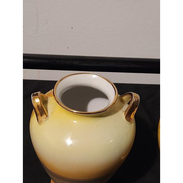 Yellow Antique Noritake Hand-Painted 6.5" Mantel Vases - Pair | "Tree in the Meadow" With Gilded C-Scroll Handles, C. 1920s For Sale - Image 8 of 8