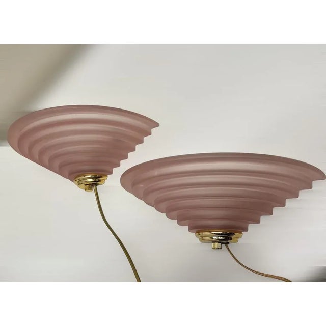 Stepped Glass Salmon Pink and Brass Glass Wall Lamps, 1980s, Set of 2 For Sale - Image 10 of 12