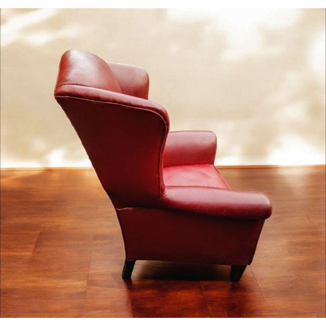 Mid-Century Modern Vintage Red Leather Wingback Chair & Ottoman For Sale - Image 3 of 8