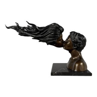 Romantic Bronze Sculpture of Two Lovers Kissing – Modern Surrealist Bust – 34” Long For Sale
