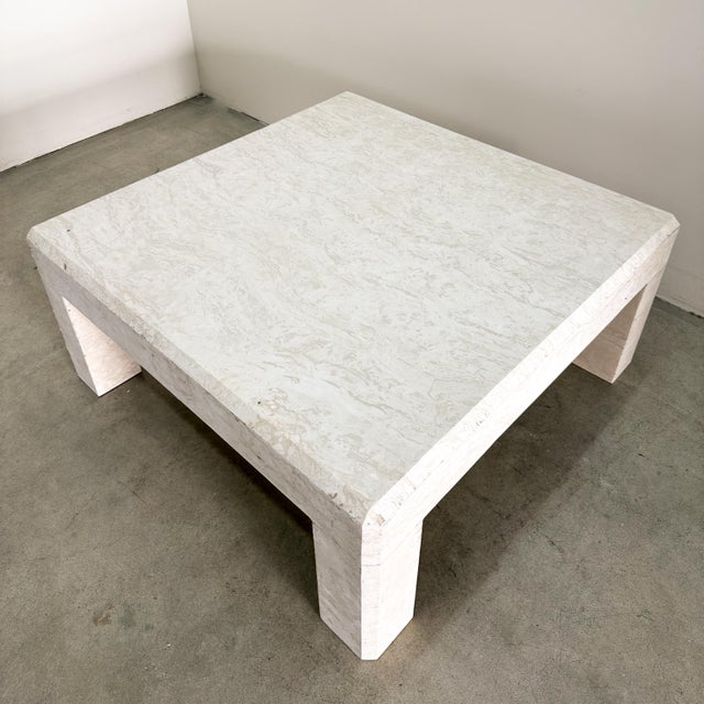 Vintage Square Postmodern Travertine Stone Parsons Coffee Table | 1980s Italian For Sale - Image 13 of 14