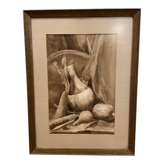 Neutral Stilllife Painting Unsigned - Creams and Browns, Bottle and Veggies For Sale