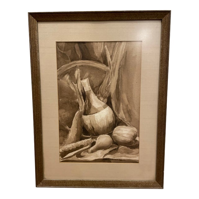 Neutral Stilllife Painting Unsigned - Creams and Browns, Bottle and Veggies For Sale