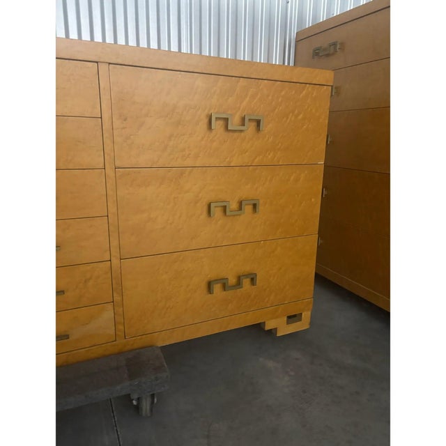 Offered is a rare birds eye maple dresser by Red Lion Furniture. This piece features six larger smooth gliding drawer, six...