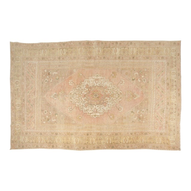 Vintage Muted Turkish Oushak Rug With Faded Blush Field and Neutrals For Sale