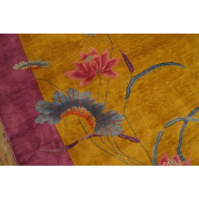 Saffron 1920s Yellow Canary Floral Antique Chinese Art Deco Carpet 8' 10'' X 11' 4'' Knotted Wool Rug For Sale - Image 8 of 12