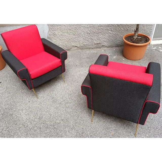 Set of Armchairs in Red and Black with Brass Legs, 1950s, in Very Good conditions. Designed 1950 to 1959