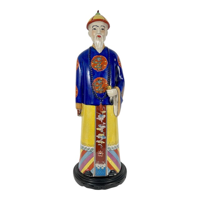Large Vintage Chinese Republic Period Crackle Glazed Figure of a Qing Scholar of Calligraphy on Wood Stand For Sale