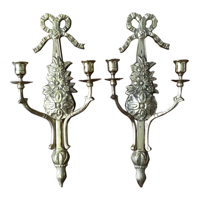 Vintage Solid Brass Double Arm French Style Candle Wall Sconces - A Pair For Sale