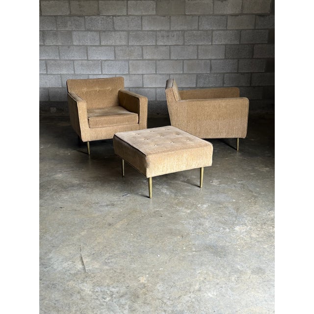 1950s Vintage Edward Wormley for Dunbar Brass Leg Lounge Chairs and Ottoman, Unmarked - 3 Pieces For Sale - Image 5 of 13