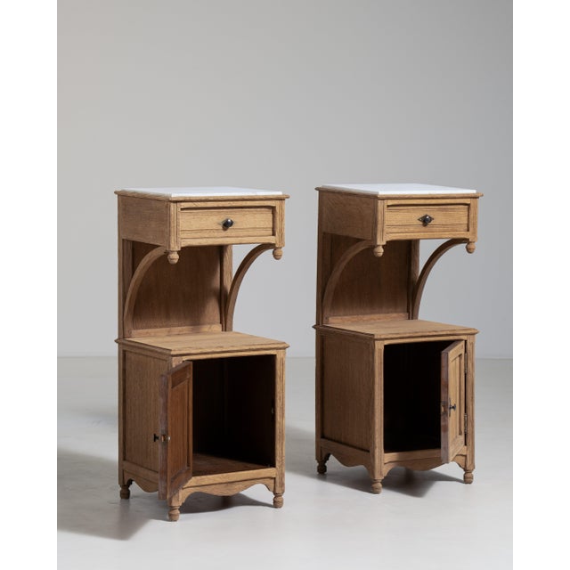 Pair of Eclectic Oak Side Tables with Marble Tops, Antique, France, Circa 1900 For Sale - Image 9 of 15