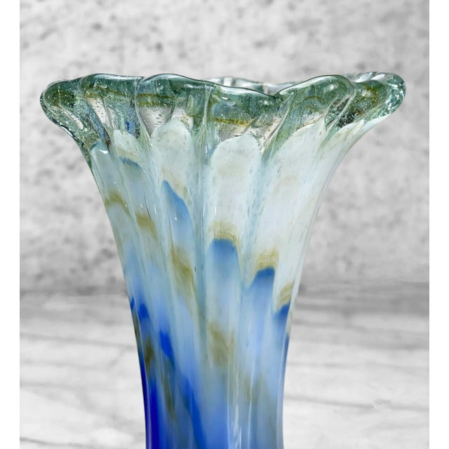 Mid-Century Modern Vintage Italian Murano Blue Blown Art Glass Flared Vase For Sale - Image 3 of 9