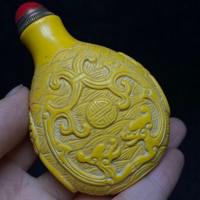 Yellow Vintage Faux Ivory Carved Snuff Bottle - Yellow Relief Design For Sale - Image 8 of 9