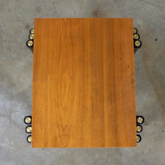 Mid-20th Century MCM Stacking Tables Walnut Veneer Tops Brass and Ebonized Legs Set of 3 For Sale - Image 14 of 18