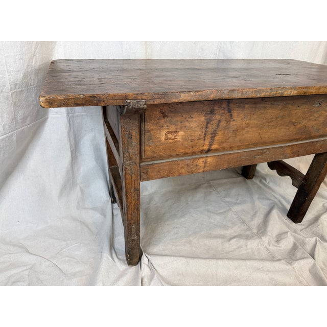 19th Century Antique Primitive French Farmhouse Work Table W/ 2 Drawers – Original Patina For Sale - Image 5 of 12