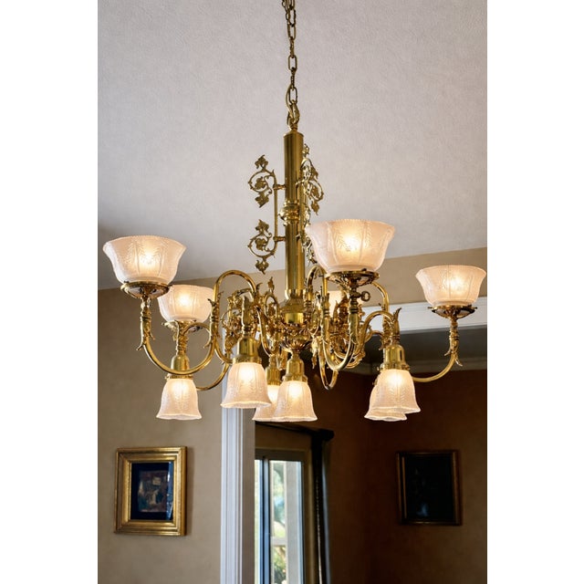 1990s Vintage Brass 2-Up 2-Down Chandelier, Etched Glass Shades, Victorian Revival Lighting Fixture For Sale - Image 5 of 18