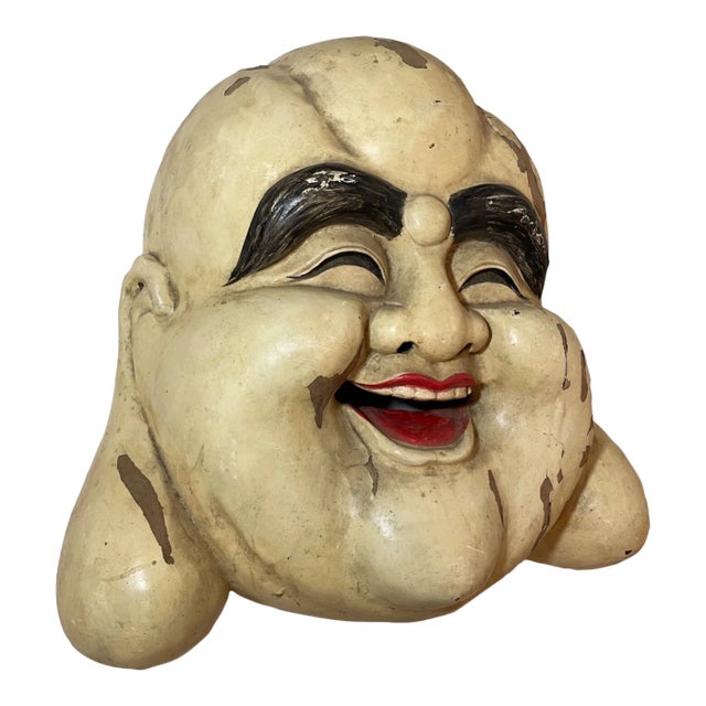 Huge Rare Antique Hand Carved Wood Chinese Hotei God Mask Wall Sculpture Face For Sale