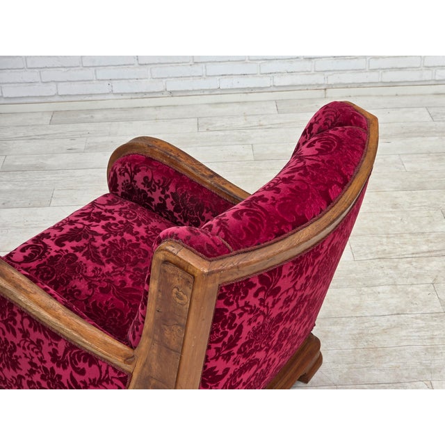 Danish Relax Armchair in Red Furniture Velour and Oak Wood, 1950s For Sale - Image 16 of 18