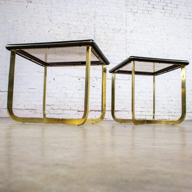 Late 20th Century Modern End or Side Tables 1 Rectangle & 1 Square W/Glass Inset Tops & Brass Plate Bases For Sale - Image 11 of 18