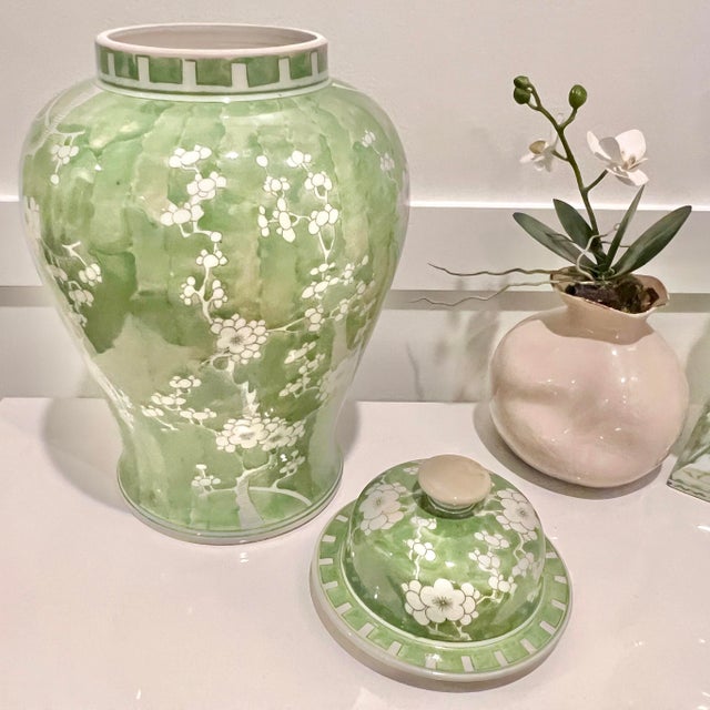2020s Large Celadon Green Cherry Blossom Ginger Jar – Hand Painted Chinoiserie Porcelain Lidded Vase For Sale - Image 5 of 12