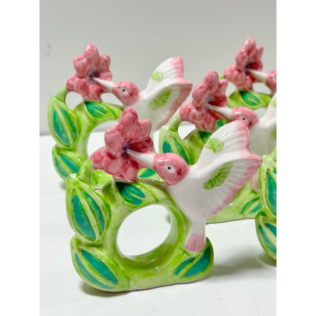 Figurative Vintage Summer Hummingbird Napkin Rings – Hand Painted Ceramic Botanical Table Decor, Garden Party Table Setting – Set of 8 For Sale - Image 3 of 10