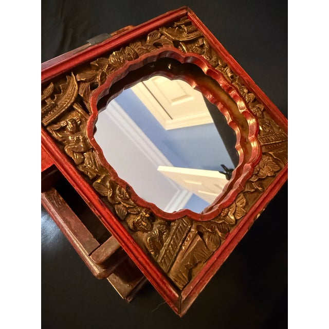 Vintage Chinese Red Lacquered Carved Wood Jewelry Box Vanity With Mirror For Sale - Image 10 of 10
