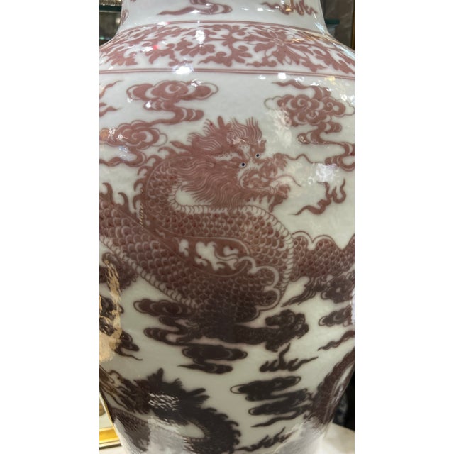 Late 20th Century Pair Very Large Chinese Qianlong Style Iron Red Glazed Porcelain Floor Vases For Sale - Image 5 of 10