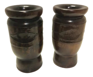 Pair of Vintage Folk Art Hand Carved Redwood Matching Vases With Carved Leaf Design - a Pair