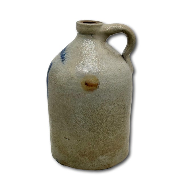 Nice Small 1 Gallon Size Antique American New York Stoneware Jug With Big Deep Blue Flower Decoration - Circa Mid 1800s For Sale - Image 15 of 18