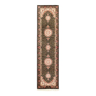 Nazmiyal Collection Black Silk Qum Persian Runner Rug For Sale