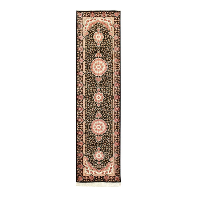 Nazmiyal Collection Black Silk Qum Persian Runner Rug For Sale