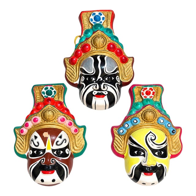 Vintage Chinese Hand-Painted Opera Clay Wall Masks, Huishan Style — Set of 3 For Sale