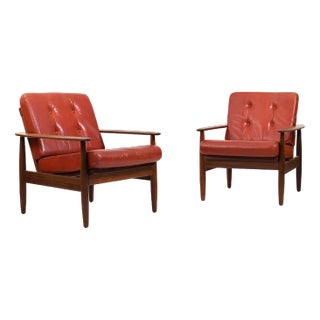 Danish Teak Easy Chairs with Leather Seats, 1960s, Set of 2 For Sale