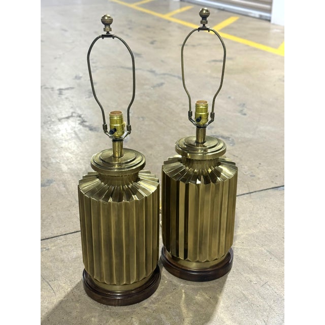 Beautiful pair of vintage Frederick Cooper brass table lamps featuring a heavy cylindrical fluted/pleated design. These...