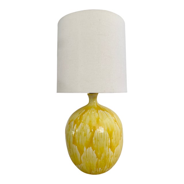 1960s Large Midcentury Yellow Drip Glaze Table Lamp For Sale
