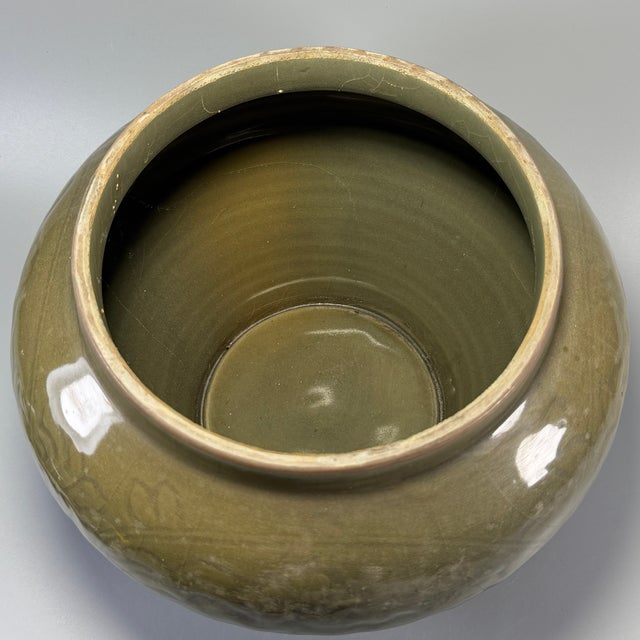 Chinese Chinese Celadon Lidded Jar, Lotus Leaf Cover Collectible Storage Vessel For Sale - Image 3 of 6