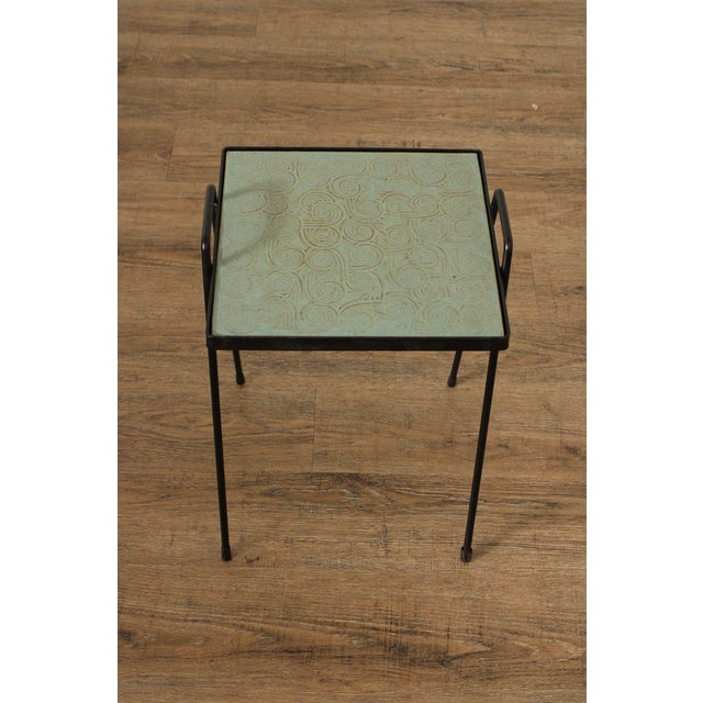 Mid 20th Century Mid Century Modern Pair of Wrought Iron Tile Top Tray Tables For Sale - Image 5 of 12