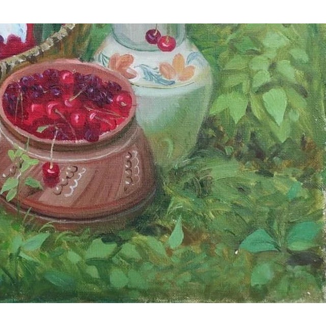 Vintage Still Life Oil Painting: Cherries, Basket, Ukrainian Art 60-70 For Sale - Image 6 of 6
