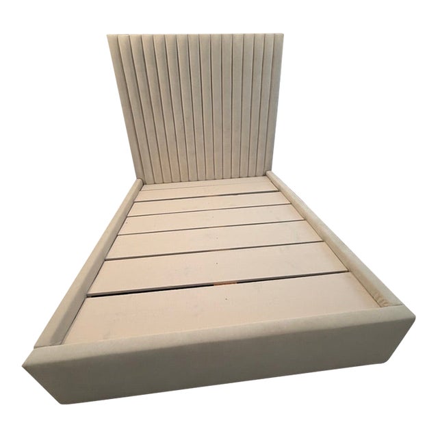 Custom Queen Upholstered Bed – Off-White Velvet Channel-Tufted Headboard For Sale