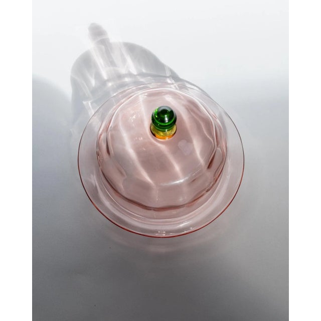 Vintage Glass Cloche Dish with Plate in Pink and Green Glass with Engraved Floral Decor, Italy, 1930s For Sale - Image 3 of 11