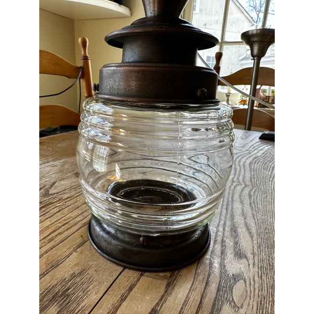 American Vintage Copper Ceiling Fixture With Vintage Glass Shade For Sale - Image 3 of 6