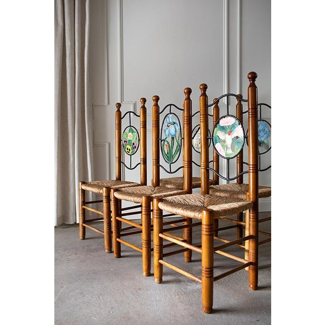 1960s Vintage Hand Painted Folk Art Dining Chairs With Woven Rush Seats - Set of 5 For Sale - Image 5 of 13
