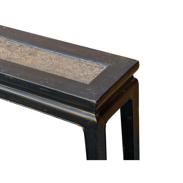 Wood Distressed Rustic Black Lacquer Rattan Narrow Wood Bench Table For Sale - Image 7 of 11