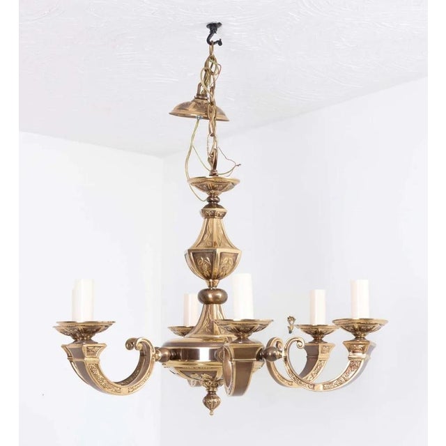 Brass 1970s Art Nouveau European Six Arm Cast Brass Chandelier For Sale - Image 8 of 9