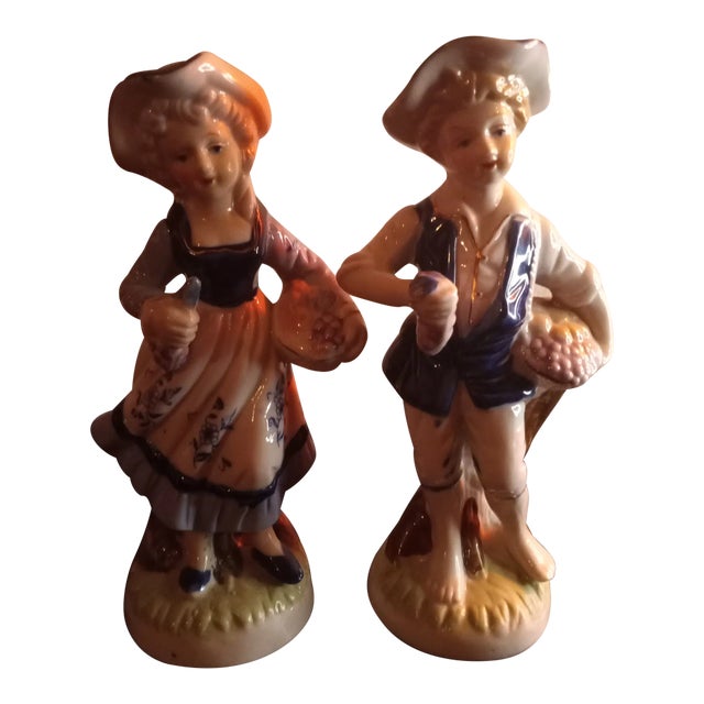 1970s Blue & White Porcelain Boy & Girl Figurines- Set of 2 For Sale